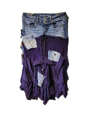 Upcycled Bohemian Patchwork Maxi Skirt with AE Denim Waistband Sz 6 Grunge Goth